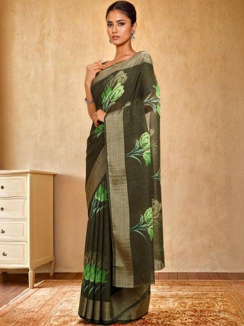 soch womens green linen floral print saree