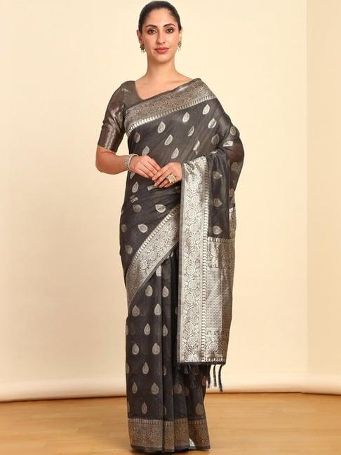 soch womens grey ethnic motifs woven design jacquard tussar saree