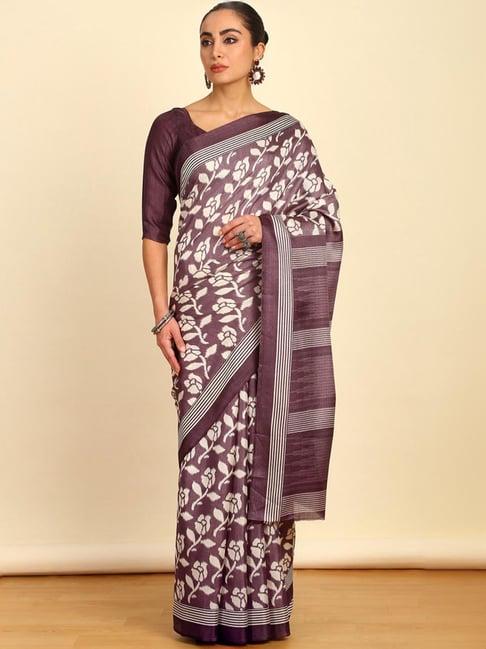 soch womens lavender floral printed art silk saree