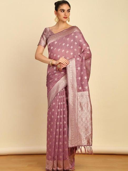 soch womens lavender woven design jacquard weave tussar saree with tassels