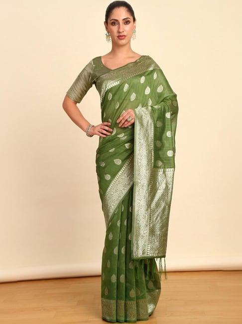 soch womens light green ethnic motifs woven design jacquard tussar saree