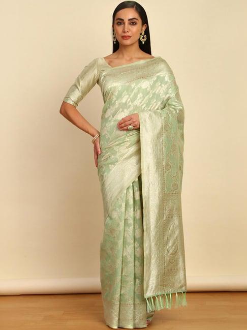 soch womens light green floral woven design jacquard weave tussar saree