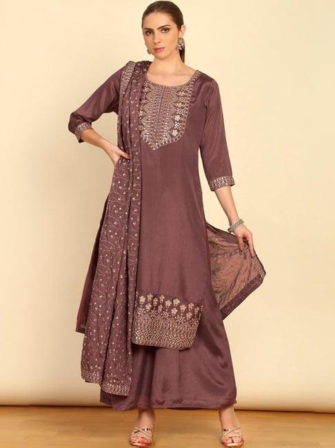 soch womens mauve yoke embroidered chinon suit set with sequins