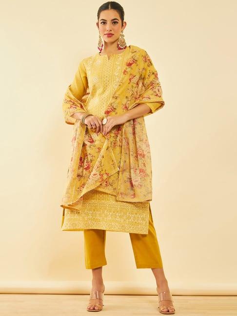 soch womens mustard chanderi chikankari embroidered suit set with sequins