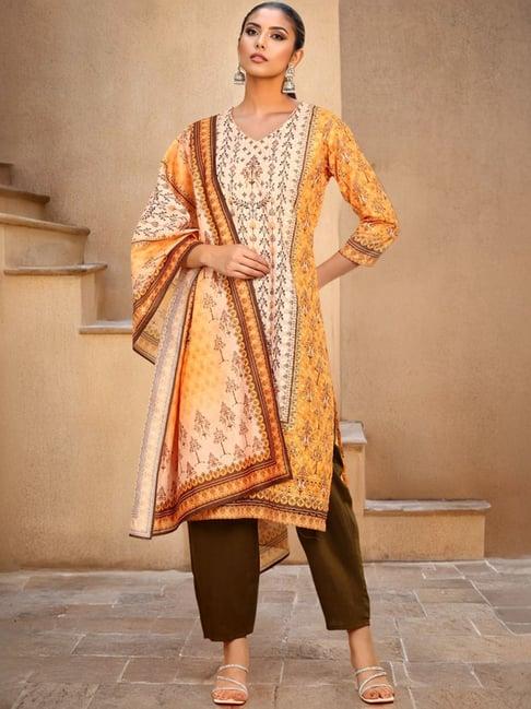 soch womens mustard print with embroidery cotton blend suit set with sequins