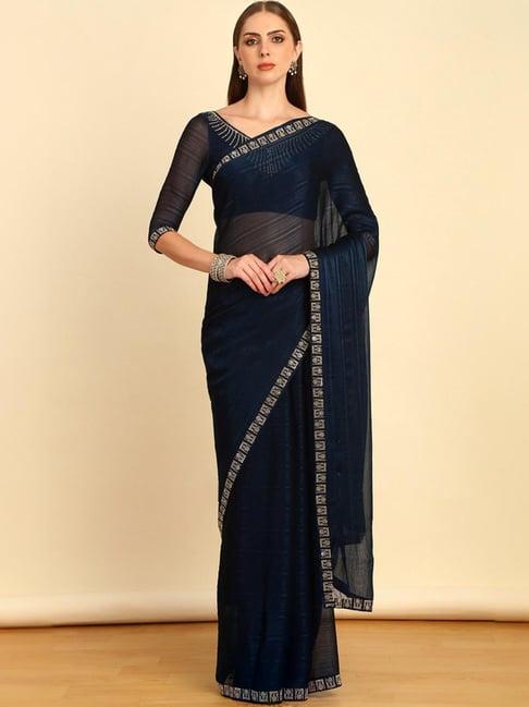 soch womens navy blue horizontal striped chiffon saree with stone embellishment