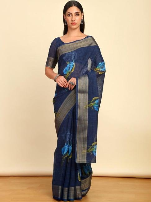 soch womens navy blue linen floral print saree