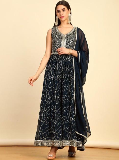 soch womens navy blue sequinned embellished georgette jumpsuit with dupatta