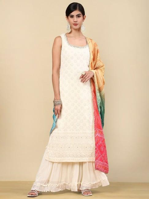 soch womens off-white embroidery georgette suit set with sequins work