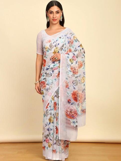 soch womens off white georgette floral print saree