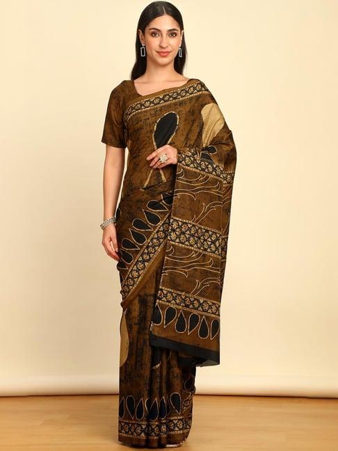 soch womens olive chiffon abstract print saree