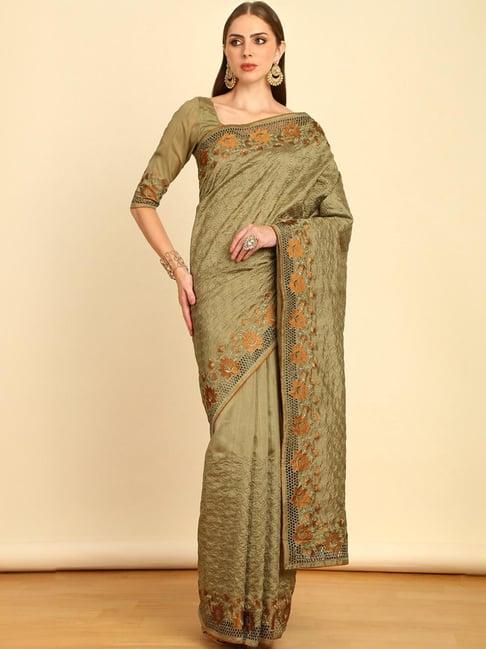 soch womens olive green embroidered tussar saree with cut work