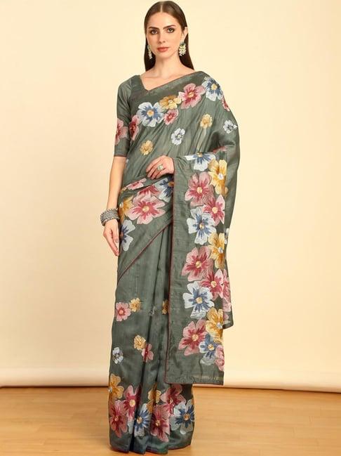 soch womens olive green floral embroidered tussar saree