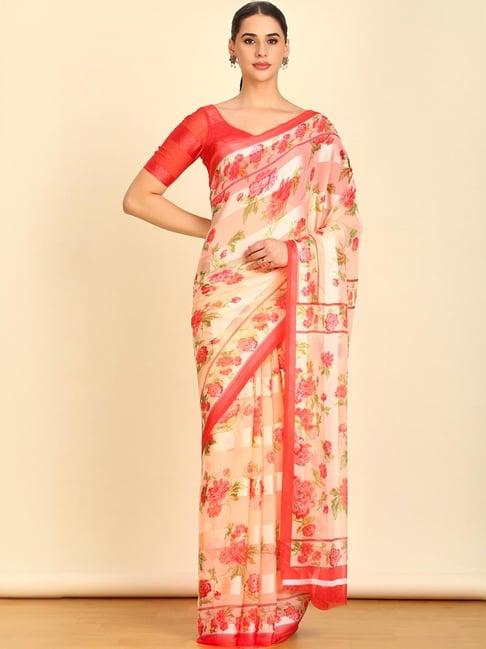 soch womens peach floral print chiffon saree