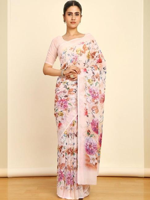 soch womens peach georgette floral print saree