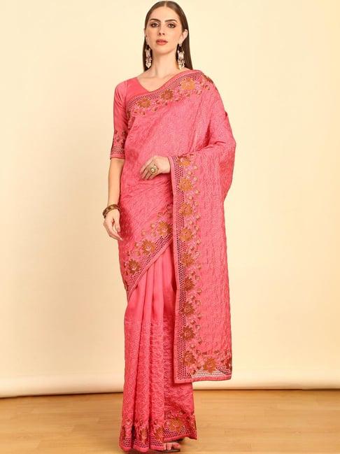 soch womens pink embroidered tussar saree with cut work