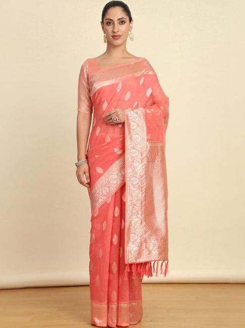 soch womens pink ethnic motif woven design brocade tussar saree