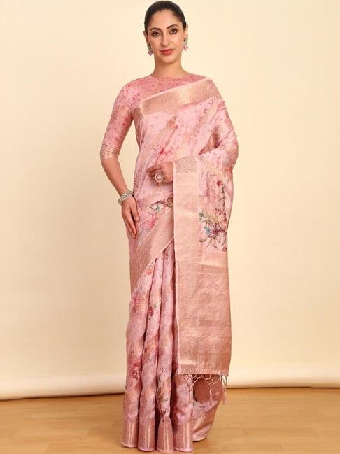 soch womens pink floral print chanderi saree with tassels