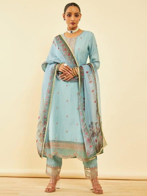 soch womens powder blue chanderi embroidered suit set with sequins