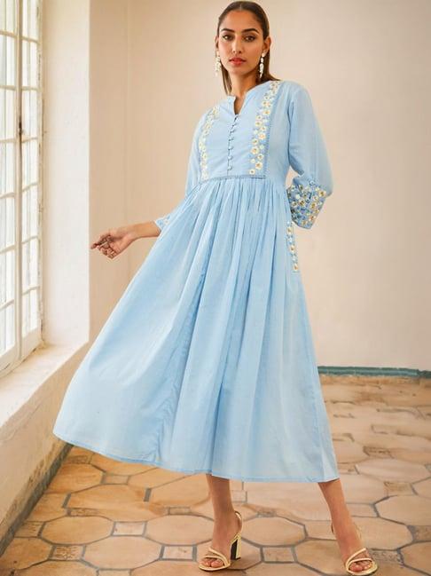 soch womens powder blue cotton embroidered flared dress with beads