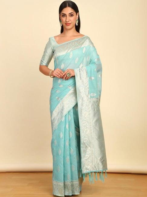 soch womens powder blue ethnic motif woven design brocade tussar saree