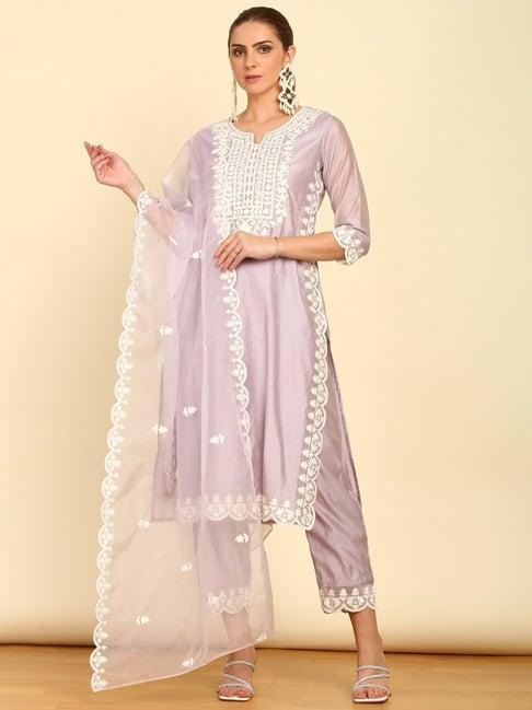 soch womens purple floral embroidery chanderi suit set