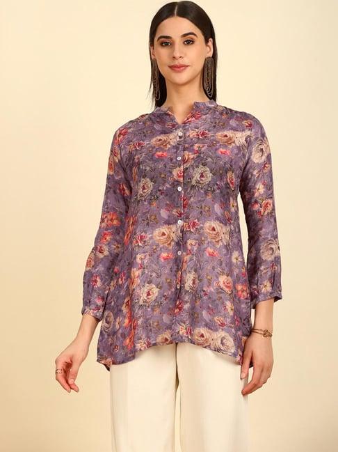 soch womens purple floral print mandarin collar vicose muslin tunic