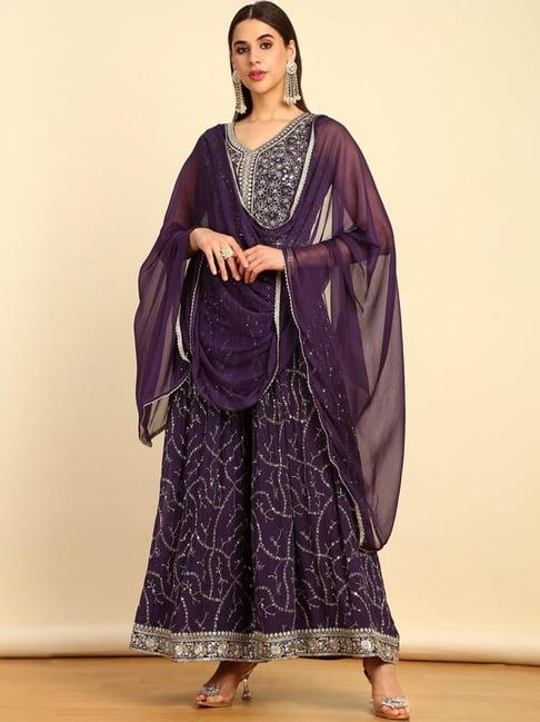 soch womens purple sequinned embellished georgette jumpsuit with dupatta