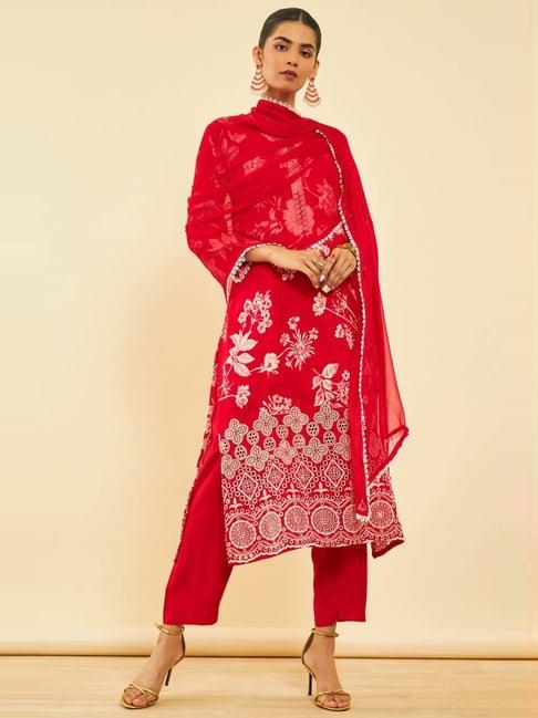 soch womens red muslin floral printed suit set with schiffli cut-work