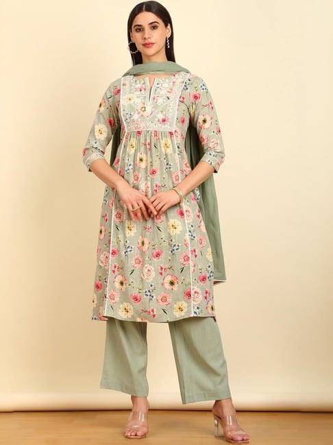 soch womens sap green floral print cotton slub suit set
