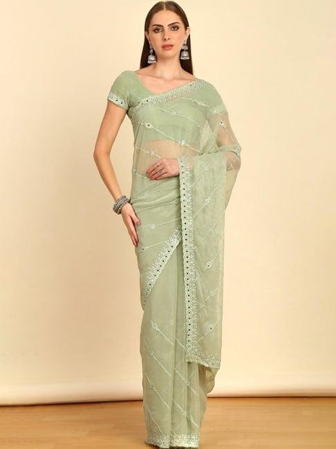 soch womens sap green stone embellished chiffon saree with mirror work