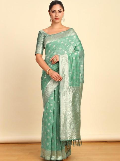 soch womens sap green woven design jacquard weave tussar saree with tassels