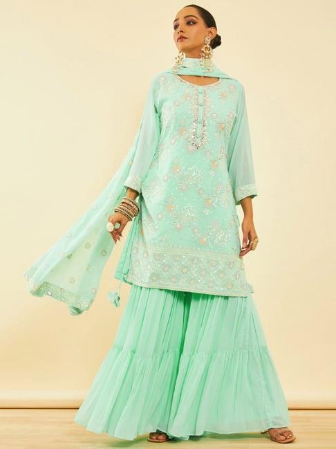 soch womens sea green georgette sequinned embellished suit set with tie-ups