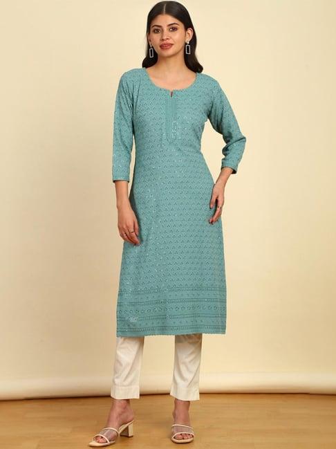 soch womens teal chikankari machine embroidery rayon kurta