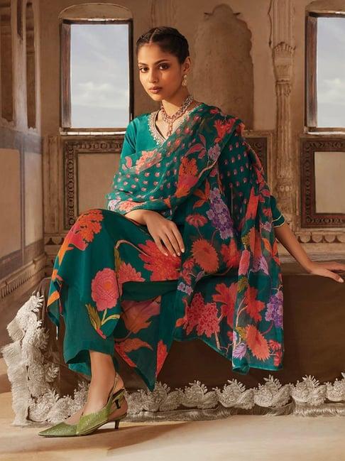 soch womens teal crepe floral placement printed suit set with gotta patti