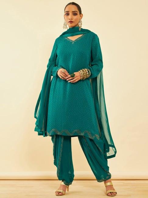 soch womens teal georgette embellished suit set with stones