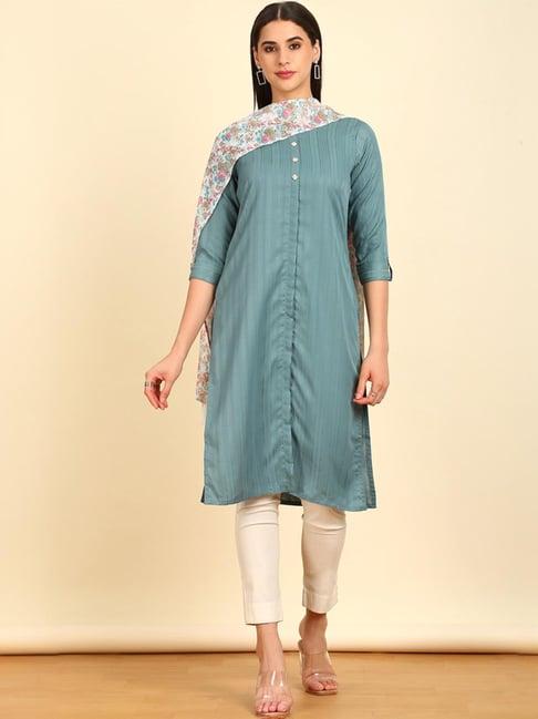 soch womens teal woven design cotton blend kurta with printed dupatta
