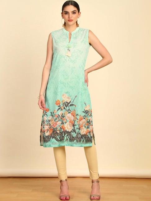 soch womens turquoise blue chikankari inspired embroidered kurta