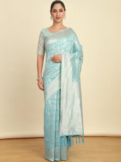 soch womens turquoise blue floral jacquard weave tussar saree