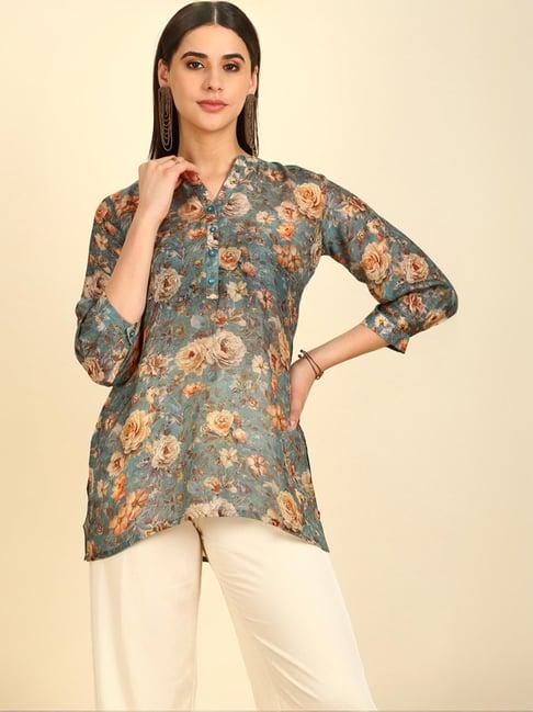 soch womens turquoise blue floral print mandarin collar vicose muslin tunic