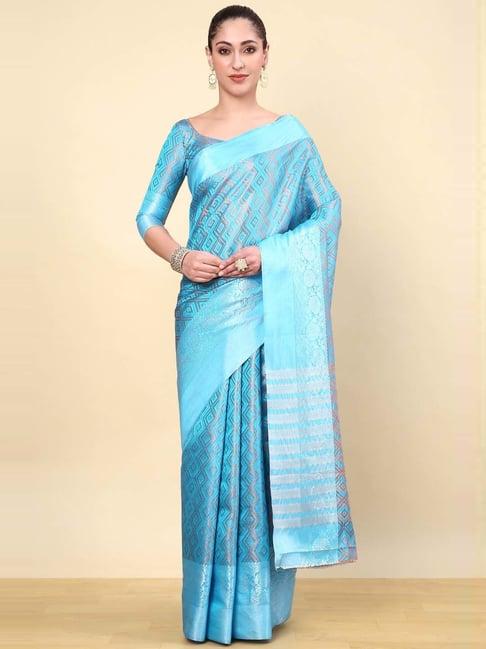 soch womens turquoise blue geometric woven design jacquard weave art silk saree