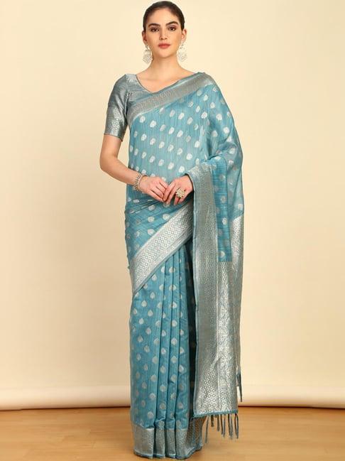 soch womens turquoise blue tussar woven design saree with tassels