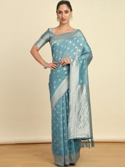 soch womens turquoise blue woven design jacquard weave tussar saree with tassels