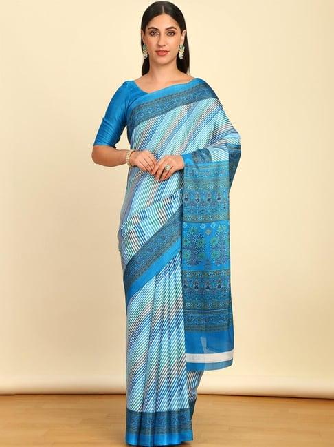 soch womens turquoise striped print art silk saree