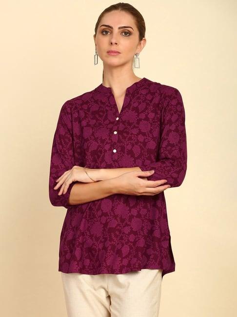 soch womens wine floral printed mandarin collar rayon tunic