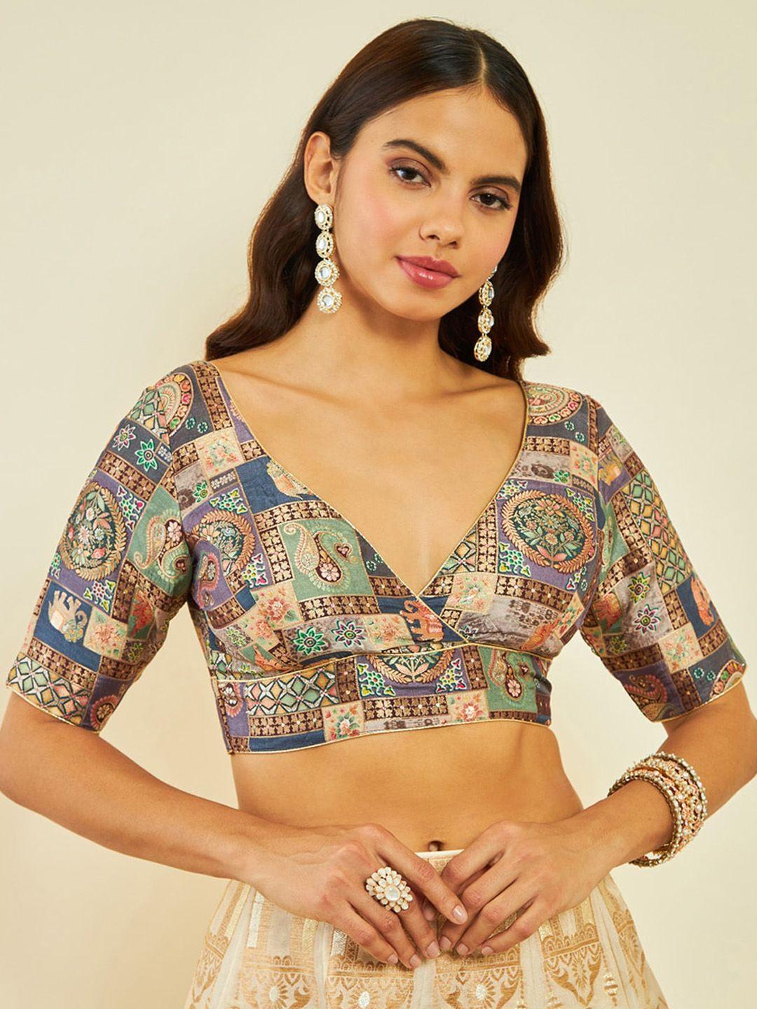 soch woven design v-neck zari silk saree blouse