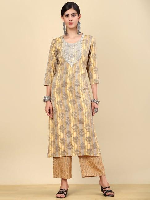 soch yellow & beige printed kurta pant set