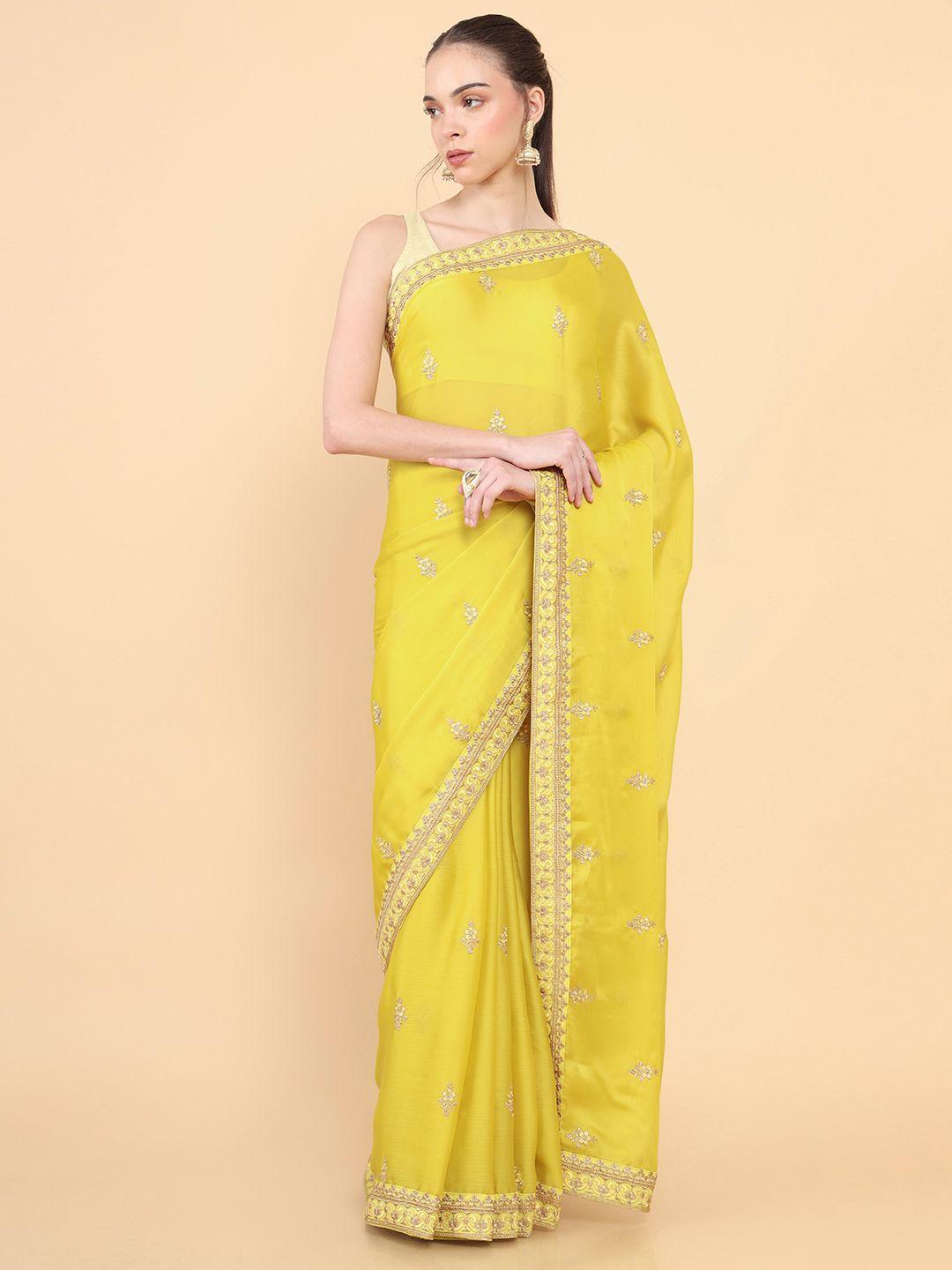 soch yellow & gold-toned floral embroidered silk blend tussar saree