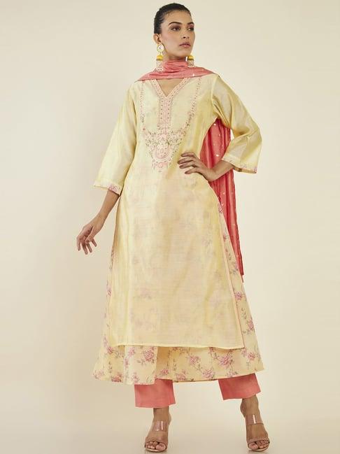 soch yellow & peach embroidered kurta pant set with dupatta