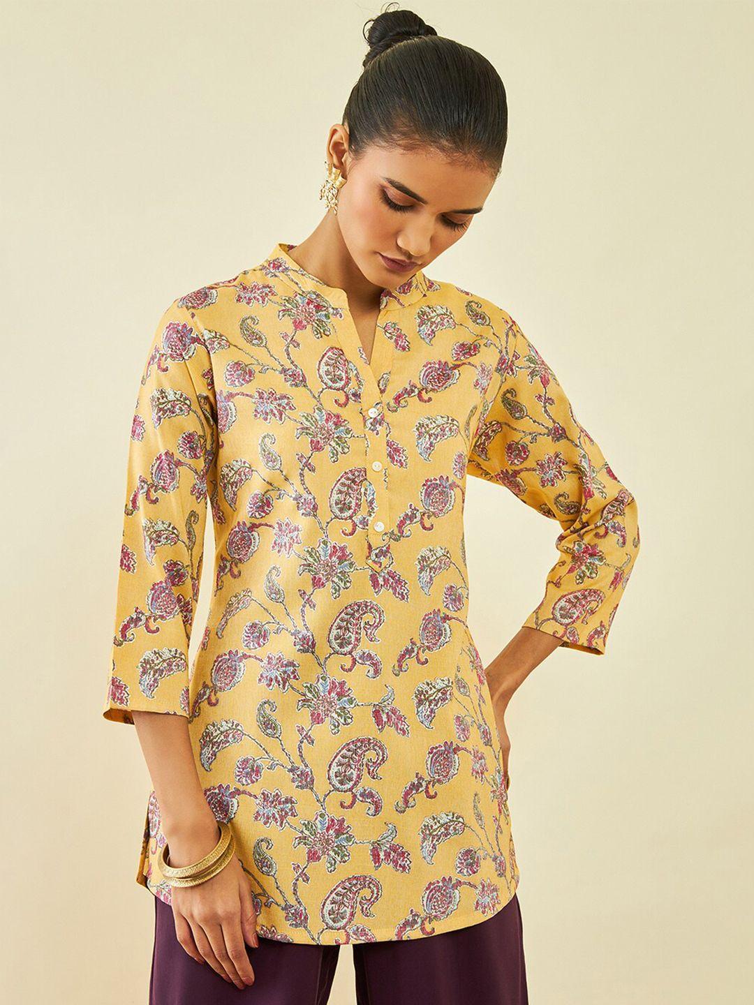 soch yellow & pink floral printed mandarin collar tunic